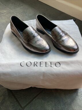 Corello Metallic Croc-Embossed Penny Loafers - Silver